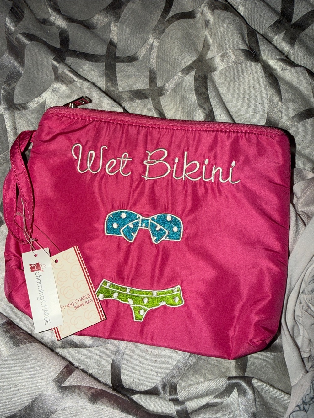 Charming Charlie Hot Pink 'Wet Bikini' Swim Pouch with Blue & Green Accents